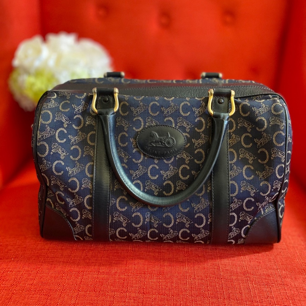 CELINE Vintage C Macadam Boston Navy Canvas/Leather Bag